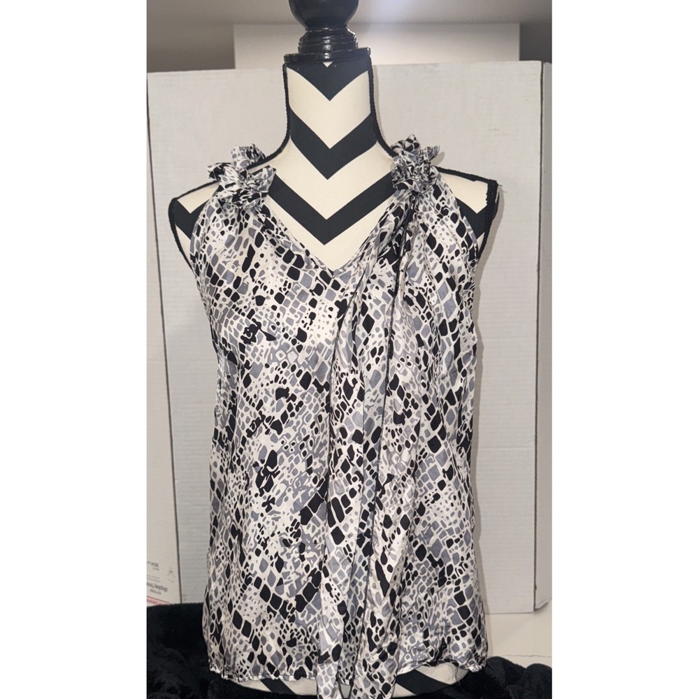 Elena Solano Silk Snakeskin Print Ruffle Neck Tie Blouse Black Grey White Medium